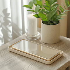 Mockup smartphone on a wooden table in a living room