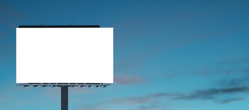 Blank billboard mockup on a wide screen format, perfect for advertising, against a dusk sky. 3D Rendering