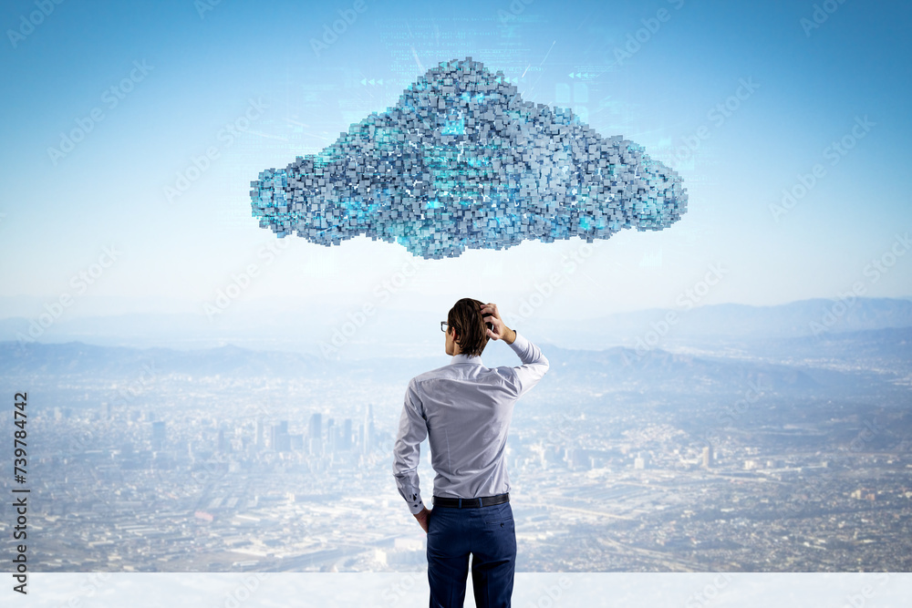 Aufkleber Back view of businessman standing under abstract digital cloud with programming language on bright sky background. Digital storage, database, network and technology concept.