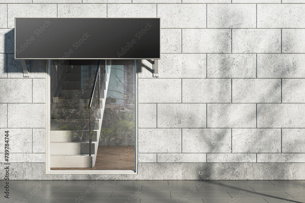 Poster Contemporary daylit glass storefront in concrete building with empty black mock up stopper. 3D Rendering.