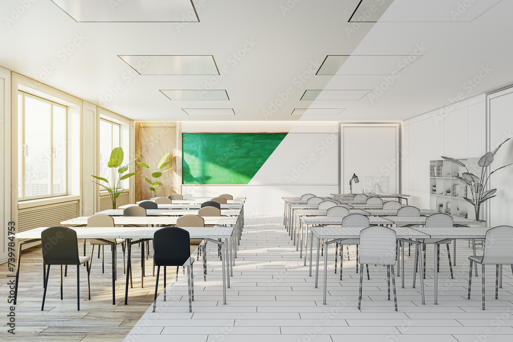 Poster modern classroom interior transitioning to a wireframe design, innovative educational concept. 3d re