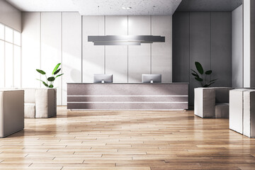 Plakaty  Clean wooden and concrete office interior with reception desk and sunlight. 3D Rendering.