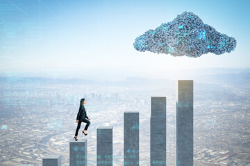 Businesswoman climbing on concrete chart bars under abstract digital cloud with programming...
