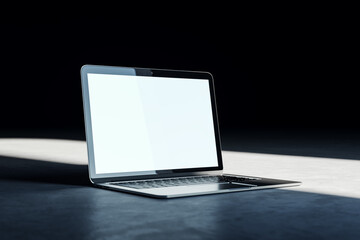 Minimalistic laptop mockup on a textured floor with a soft light, technology and design concept. 3D Rendering