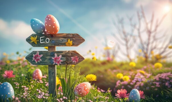 An Easter egg hunt signpost, pointing the way to hidden delights