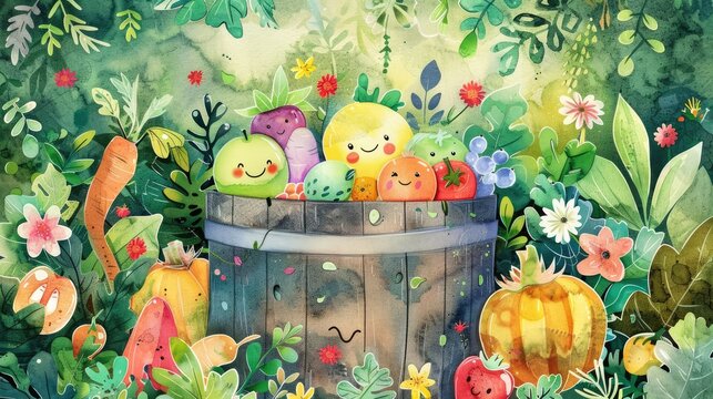 Whimsical Watercolor Painting of Cute Compost Bin with Smiling Fruits and Vegetables Surrounded by Green Leaves and Flowers - Educational, Kid-Friendly, Pastel Palette