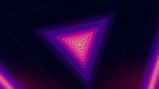 Bright pink neon triangular stripes of light running across a dark purple background. Digital seamless loop animation. 3d rendering. 4K, Ultra HD resolution