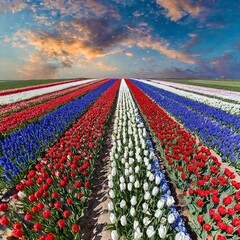 Tulpenfeld in den holländischen Nationalfarben, Vogelperspektive 