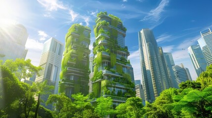 Architectural background. A tall building, a skyscraper against the background of the sky with green trees. The concept of eco-architecture of the future. Illustration for advertising. - obrazy, fototapety, plakaty