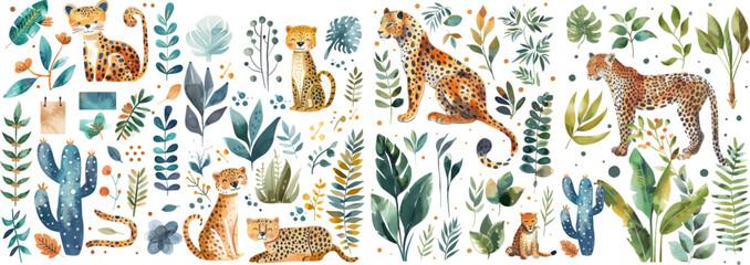 Watercolor Wild Cats and Tropical Foliage Collection. Hand-painted watercolor set featuring charming wild cats, cacti, and lush tropical leaves, perfect for creative designs. - obrazy, fototapety, plakaty