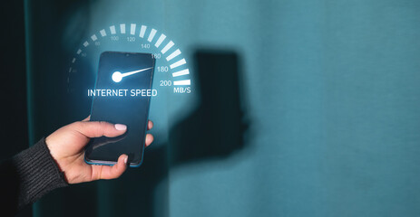 Girl showing internet speedometer. Speed. Technology. Network