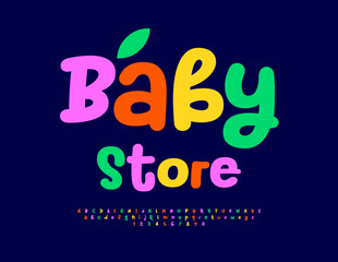 Vector colorful signboard Baby Store with decorative Leaf. Handwritten bright Font. Childish style Alphabet Letters and Numbers set.