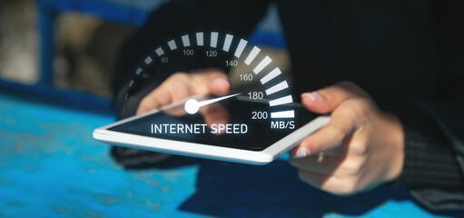 Girl showing internet speedometer. Speed. Technology. Network