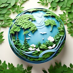 Flat 3D globe concept with green tree and blue color
