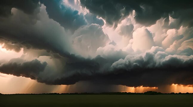 Storm clouds motion , dramatic dark sky over the rural field landscape