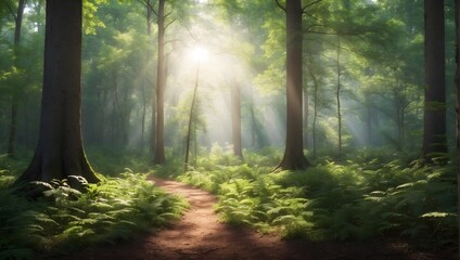 Fototapeta na wymiar Tranquil forest scene, sunlight filtering through the canopy, dappling the forest floor with light and shadow, ideal for nature blogs or meditation apps. generative AI