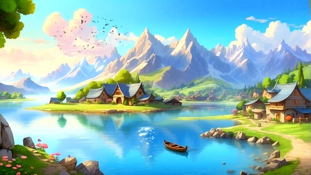 rural scene with lakes, boats, houses and mountains. Seamless looping 4k time-lapse video animation background