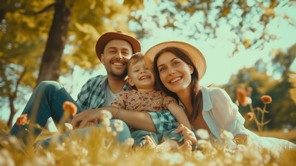 Portrait of a happy family on a picnic together in outdoor green garden. Happy, smile and parents playing, hugging with children outside in backyard or park at summer time. Generative AI
