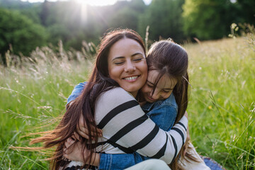 Beautiful mother with daughter, embracing, sitting in the grass at meadow. Concept of Mother's Day...