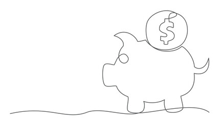 Piggy bank One line drawing isolated on white background