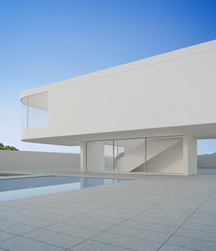 House with concrete floor terrace near swimming pool. 3d rendering of modern building and blue sky background.