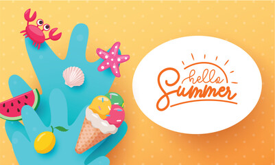 Hello summer text vector template. Summer hello greeting text in white space with crab, starfish, ice cream and watermelon beach elements in yellow dot pattern background. Vector illustration summer 