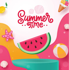 Summer time text vector poster. Summer time greeting with cute watermelon fruit elements in podium stage for product presentation design. Vector illustration summer time greeting poster.
