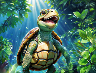 A happy turtle swims through a green underwater jungle with a big smile. Digital art.