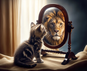 Cat looking at the mirror and seeing the reflection of a lion. Motivational. - obrazy, fototapety, plakaty