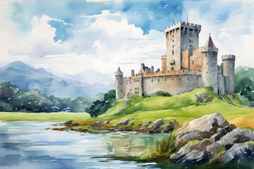 Watercolor Ireland Castle tower painting landscape background painted for illustration graphic design - obrazy, fototapety, plakaty