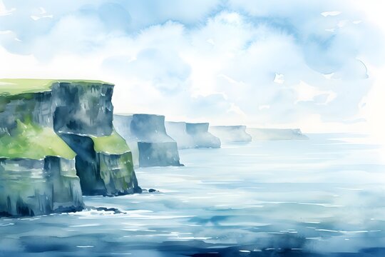 Watercolor Ireland cliffs of Moher landscape background for nature country symbol illustration design