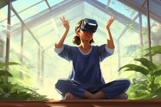 Illustration virtual reality a young Asian girl, aged 23 meditating in a virtual Zen garden, finding peace 