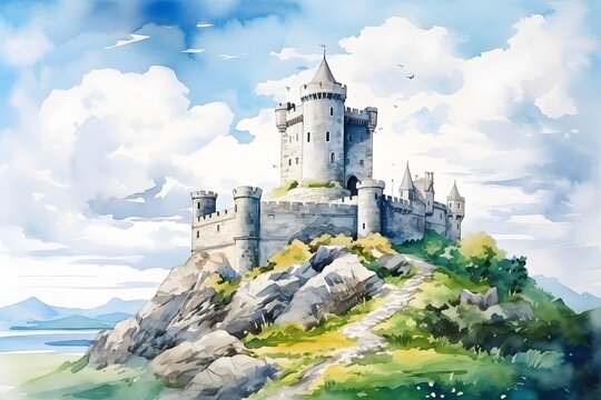 Watercolor Irish castle in blue sky landscape illustration background for nature holiday decoration