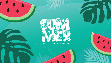 Summer text greeting vector template design. Summer time greeting with monstera leaf, palm leaves and watermelon tropical season background. Vector illustration summer greeting template.  © Zeinous