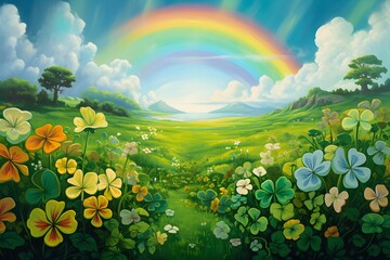 Magical shamrock clover field with rainbow cloud scenery cartoon illustration for backdrop background wallpaper cover 