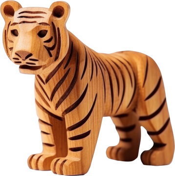 tiger wooden toy,tiger made of wood,animal wooden toy for kids isolated on white or transparent background,transparency 