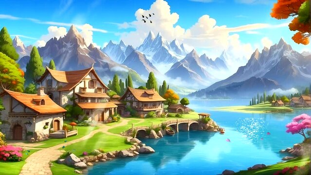 early morning mountain scene with a wooden house and a lake. Seamless looping 4k time-lapse video animation background