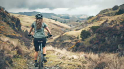 Young woman riding a mountain bike offroad along narrow path in a hilly landscape, view from the back.
