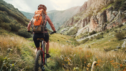 Female backpacker cyclonomad riding offroad in a scenic mountain valley in spring.