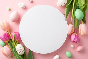 Spring Fling Celebration: top view cheerful eggs and vibrant tulips arranged on pastel pink surface. Appealing visual for Easter promotions, with empty circle ready for your message or advertisement