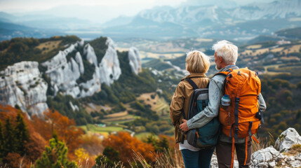 Mature couple hiking in the mountains, admiring beautiful mountain and valley landscape scenery at a view point, acitve lifestyle