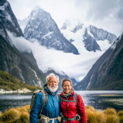 An old couple with backpacks standing in front of a magical lake surrounded by high mountaints and clouds, hiking in high altitudes.