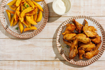 Delicious baked potatoes and chicken wings with herbs and sauce. Top view, wooden background.