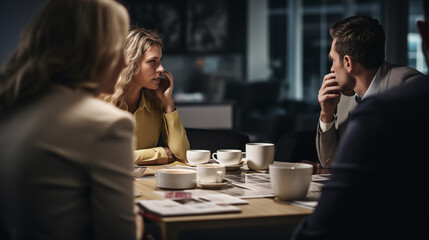Amidst the hustle and bustle of an office environment, cups of steaming coffee or tea sit on the table, surrounded by office workers engaged in lively discussions and collaborative efforts - obrazy, fototapety, plakaty