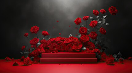 Pedestal base for mockup with rose. Podium red flower template, Presentation of business beauty product, showcase showcase, cosmetic stand with petals. AI generated