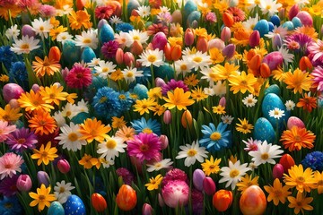 Create a vibrant and joyful Easter Sunday wallpaper featuring a field of colorful spring flowers, symbolizing renewal and rebirth.