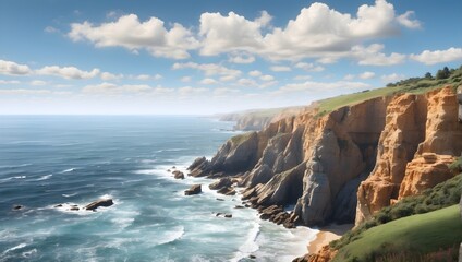 Fototapeta na wymiar Picturesque coastal cliff view, rugged cliffs meeting the expanse of the ocean, crashing waves below, perfect for travel brochures or coastal getaway advertisements. generative ai