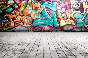 Street art graffiti on a wall in street art style. Wall covered in vibrant graffiti art and wooden floor in front