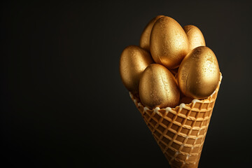 Gleaming golden Easter eggs piled in a waffle cone set against a deep black background, exuding elegance and festivity.