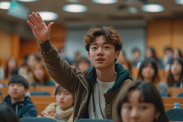 Fototapeta premium Student Participating in University Auditorium. Back view of a student with raised hand in a busy university auditorium during a lecture.